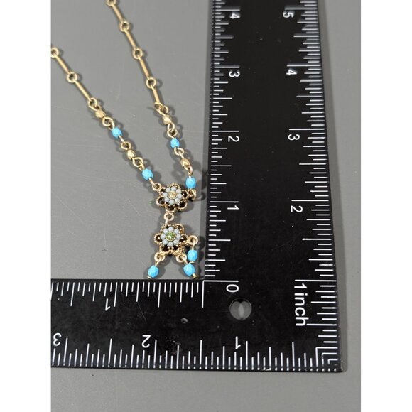 Avon Blue FLower Gold Tone Matte Fringe Charm Boho Western Necklace Earring Set - Picture 6 of 7